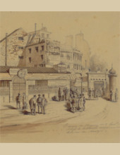 Jules-Adolphe Chauvet - Taverne du Bagne n° 2 Bould. Clichy et bal de la Boule Noire au coin de la rue des Martyrs, Clignancourt (1885)