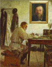 Léon Tolstoï écrivant sous le portrait de Nicolas Kostomarov