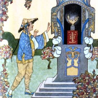 Aladdin trouve la lampe merveilleuse - illustration de 1898 de René Bull