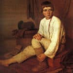 Alexeï Venetsianov - Garçon paysan chaussant des laptis (souliers traditionnels russe en écorce de tilleul ou bouleau), années 1820. Musée Russe
