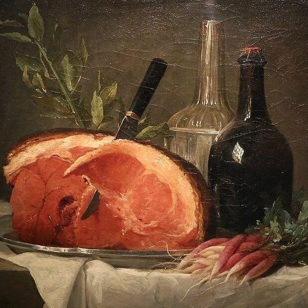 Anne Vallayer Coster - nature morte au jambon avec bouteille et botte de radis (1767)
