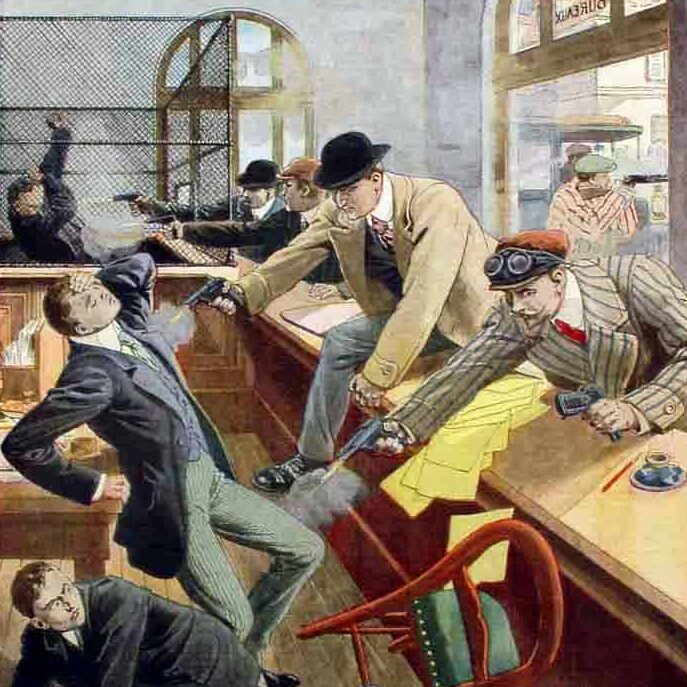 Attaque de l'agence de la Société Générale à Chantilly par la bande à Bonnot (anarcho-illégaliste), illustrée dans le supplément du Petit Journal (avril 1912)