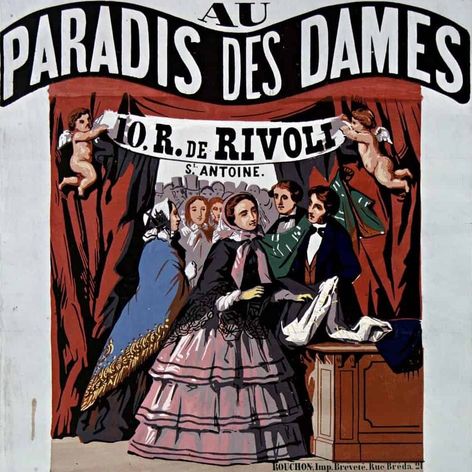 Affiche publicitaire pour le grand magasin Au paradis des dames, 10 rue de Rivoli à Paris (2e moitié du XIXe siècle)