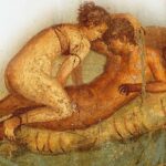 Detail of fresco of couple in bed. From southern wall of room 43 (Cubiculum) in the Casa del Centenario (IX 8,3) in Pompeii, 1st Century
