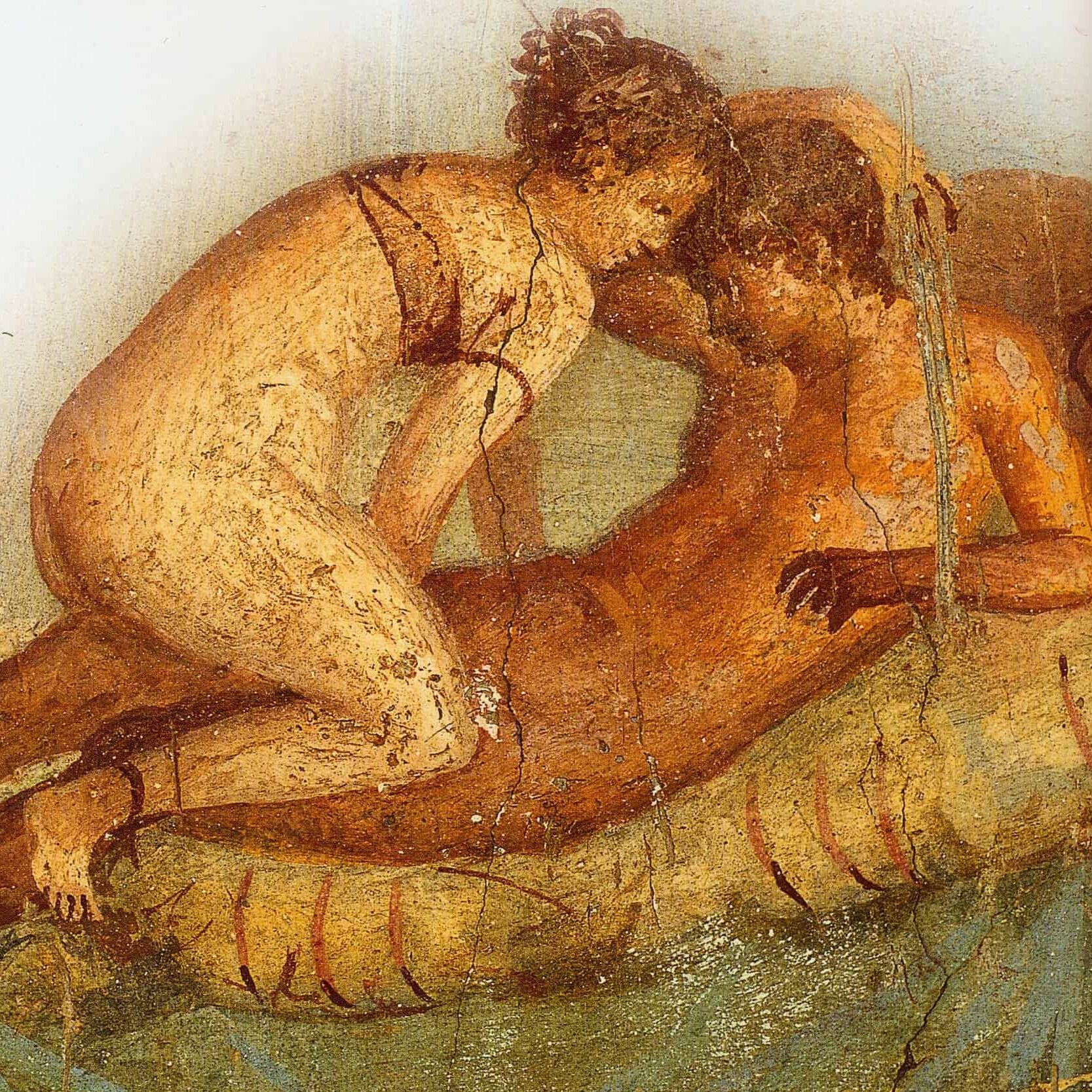 Detail of fresco of couple in bed. From southern wall of room 43 (Cubiculum) in the Casa del Centenario (IX 8,3) in Pompeii, 1st Century