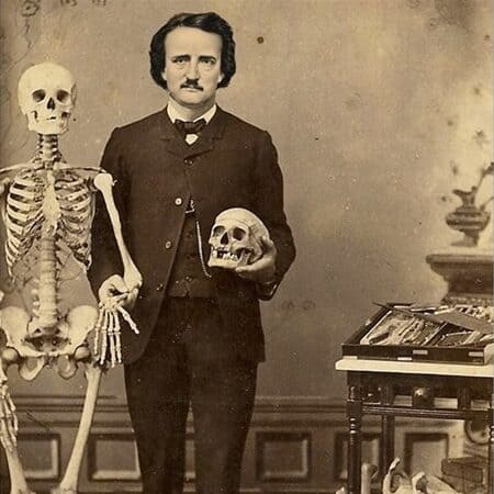 Edgar Allan Poe, crâne et squelette