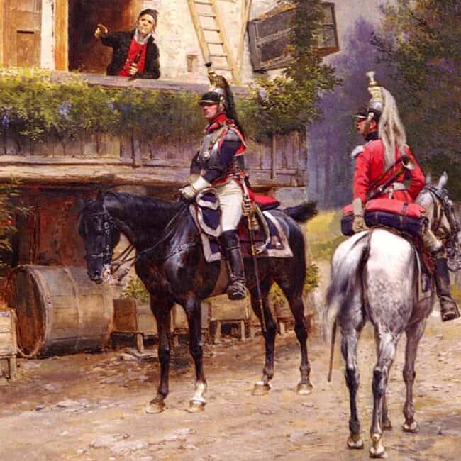 Édouard Detaille - Officier et clairon d'un régiment de cuirassiers devant une maison de campagne (1897)