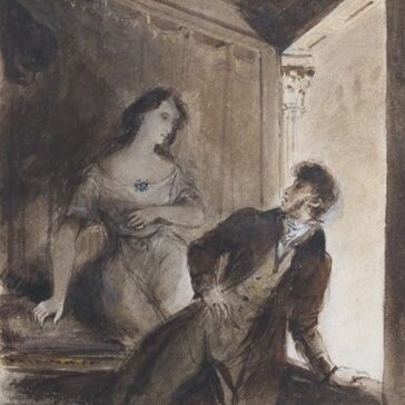 Eugène Delacroix - Fantôme féminin effrayant un homme dans une loge de théâtre (1831)
