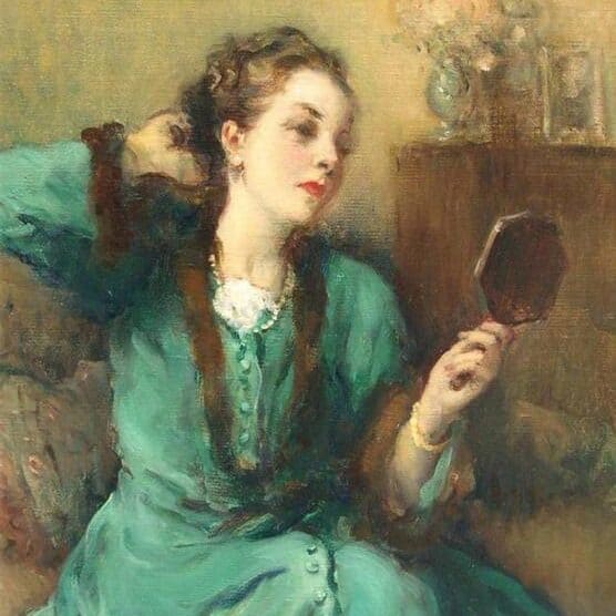 Fernand Toussaint - Femme en robe verte tenant un miroir