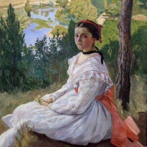 Frédéric Bazille - Vue de village Jeune fille posant dans un paysage de Provence (1868)