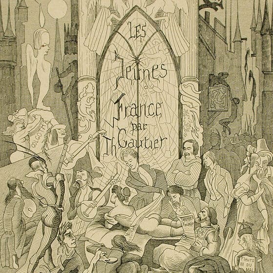 Frontispice de Félicien Rops, pour l'édition de 1866 de Les Jeunes-France (Éditions À l'enseigne du coq, Amsterdam).