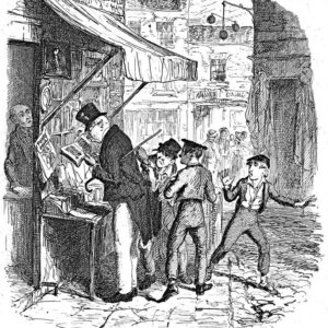 George Cruikshank, Illustration d'Olivier Twist - Oliver est choqué du vol du mouchoir de M. Brownlow à la librairie