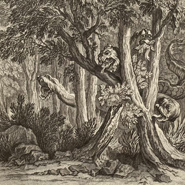 Gravure réalisée par Charles-Nicolas Cochin (II) et Nicolas-Dauphin de Beauvais - Illustration de la fable Le dragon à plusieurs têtes et le dragon à plusieurs queues de Jean de La Fontaine (1755-1759)