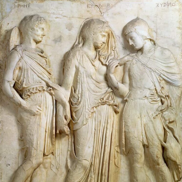 Hermès, Eurydice et Orphée, relief, copie romaine d'un original grec du 5ème siècle avant JC (marbre)