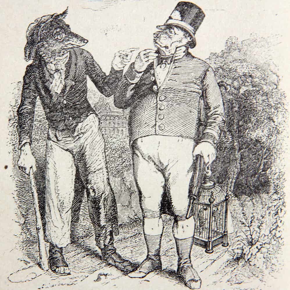 Illustration de Grandville pour la fable de La Fontaine, Le loup et le chien