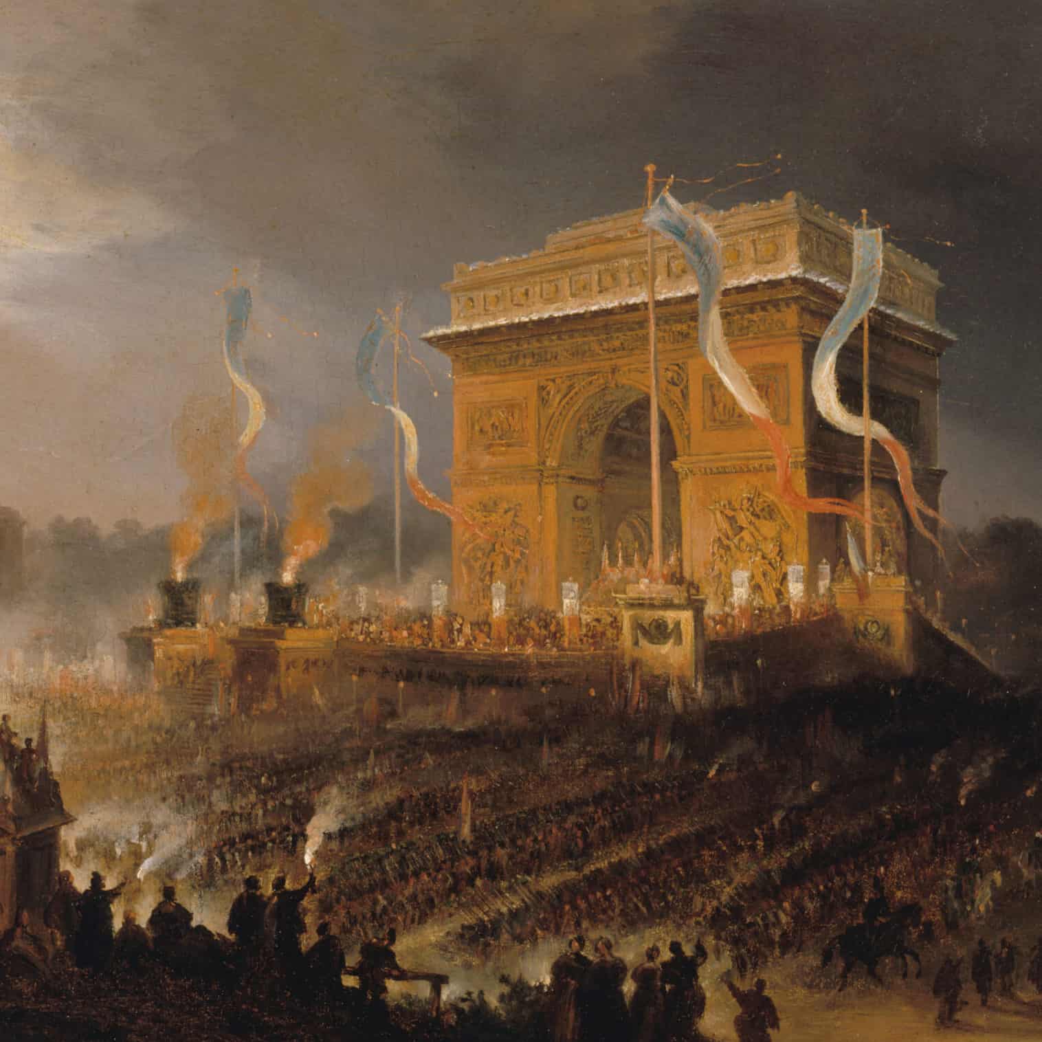Jean-Jacques Champin, Fête de la Fraternité à l’arc de triomphe de l’Etoile : défilé après la distribution des drapeaux, le soir du 20 avril 1848 (détail)