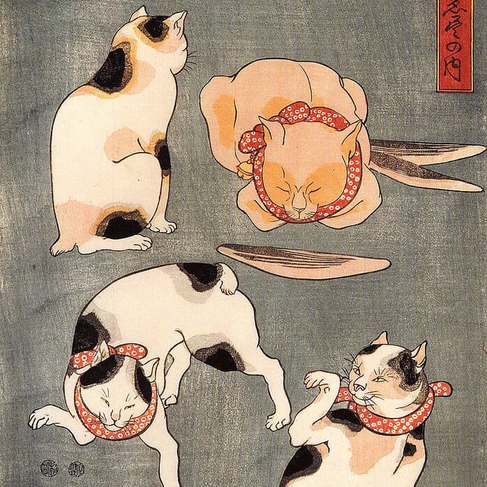 Kuniyoshi Utagawa - Quatre chats dans différentes postures, illustrant des proverbes japonais (1852)