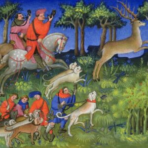 La légende de Saint Julien l'hospitalier - La chasse au cerf (Le Livre de chasse de Gaston Phœbus, manuscrit médiéval, f° 68)