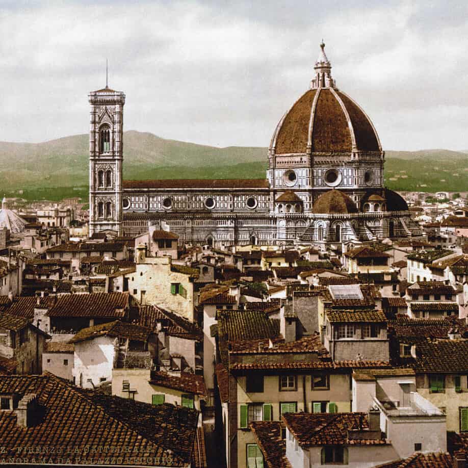 La vue panoramique sur la cathédrale depuis le palais Vecchio Florence Italie (1980)