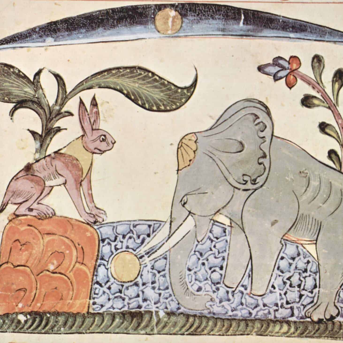 Manuscrit syrien de 1354. Le lièvre Lambakarna montrant le disque de la lune au roi des éléphants Tchatourdanta