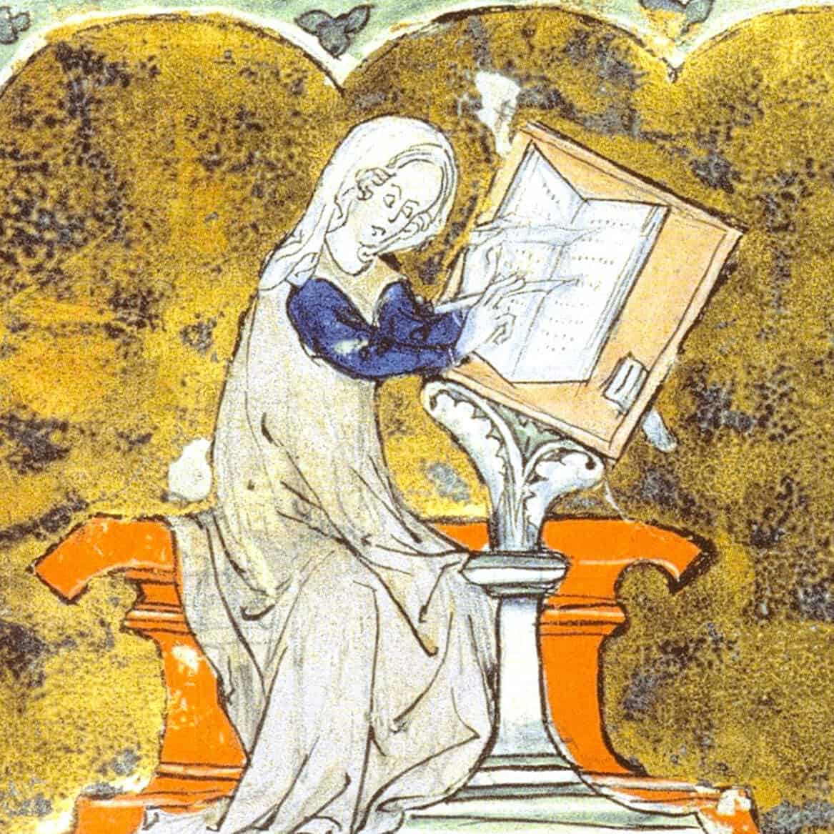 Enluminure représentant Marie écrivant son Isopet et réalisée par « Maître Jean de Papeleu » vers 1290