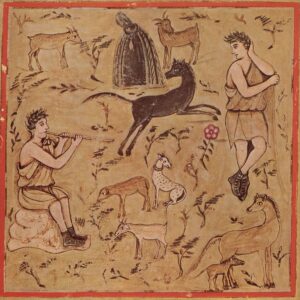 Pâtres et bétail varié, folio 44v du Vergilius Romanus (début du ve siècle), illustration du livre III des Géorgiques