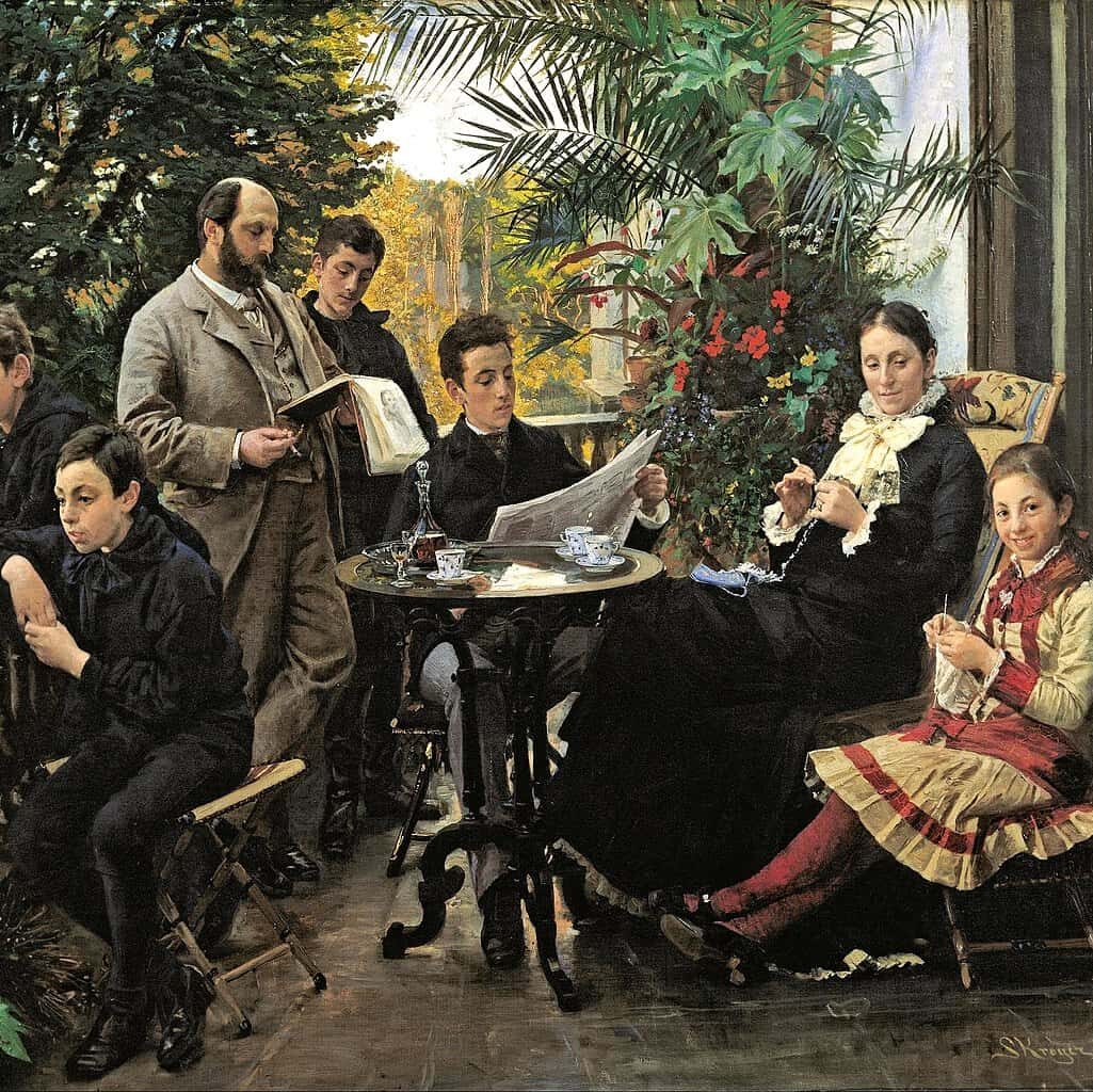 Peder Severin Krøyer - The Hirschsprung family portrait. From the left Ivar, Aage, Heinrich, Oscar, Robert, Pauline and Ellen HIrschsprung (1881)
