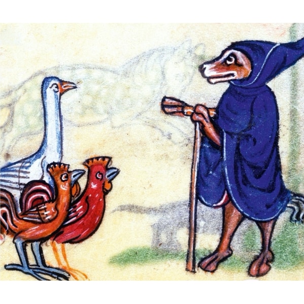 Renard, poules et oie - illustration extraite du livre d'heures Les Heures de Maastricht
