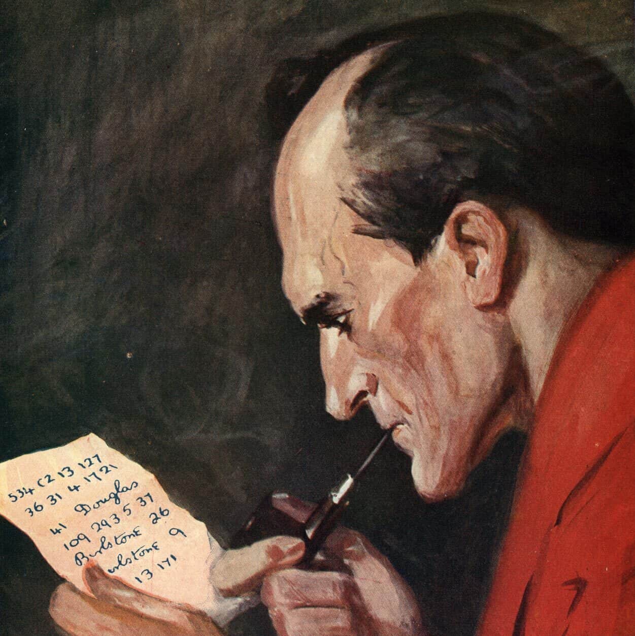 Sherlock Holmes décrypte le message chiffré transmis par « Porlock », un de ses agents infiltrés auprès du professeur Moriarty. Illustration de La Vallée de la peur d'Arthur Conan Doyle.