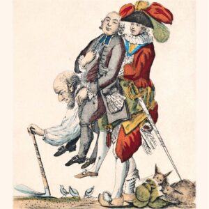 Caricature sur les trois-ordres : le tiers-état portant sur dos le clergé et la noblesse (1789)