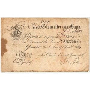 Un billet de banque d'une livre (£1) de 1814 de la Gloucester Old Bank, pour Charles Evans et James Fell