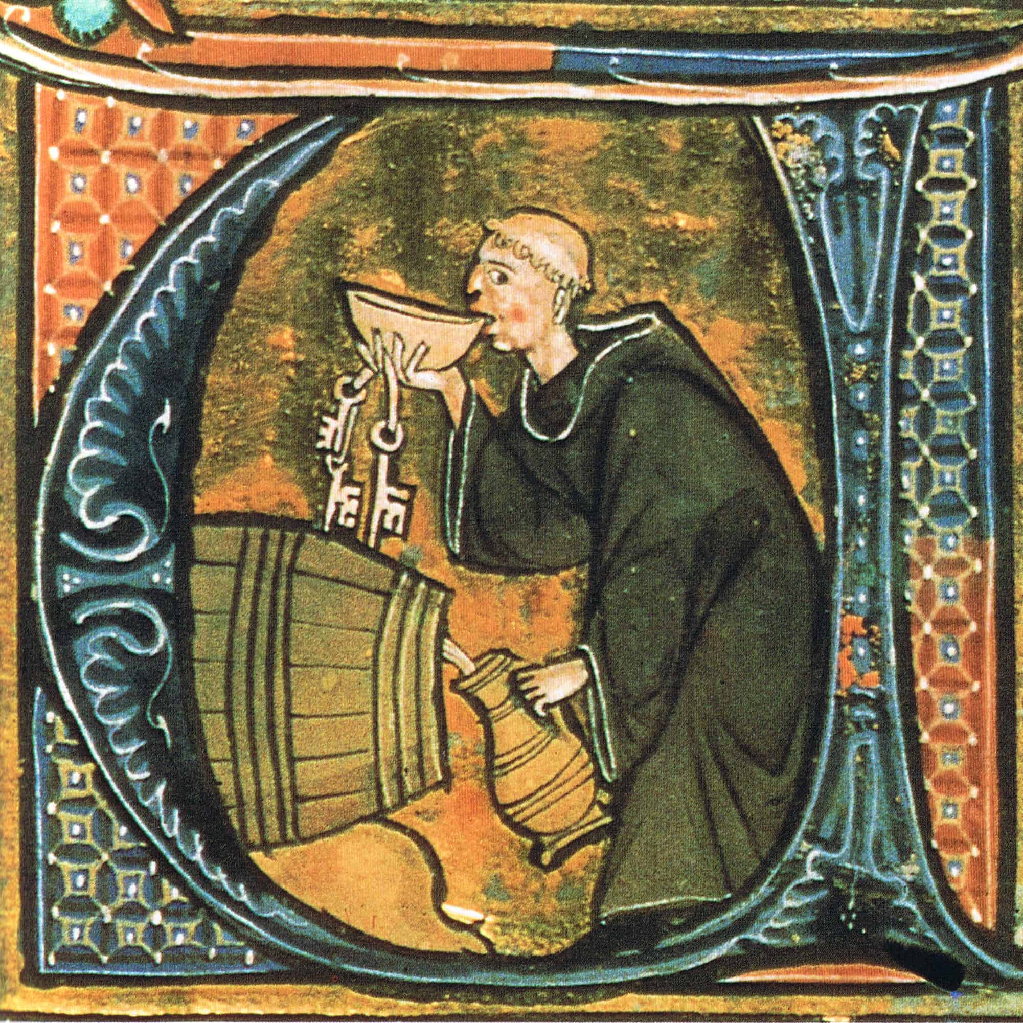 Un cellérier d'abbaye testant son vin. Enluminure d'une copie de Li livres dou santé par Aldobrandino de Sienne. Manuscrit de la British Library Sloane 2435, f. 44v