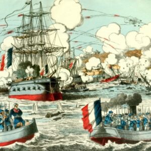 Une illustration en couleur du 8 avril 1884 montre la guerre chino-française, bataille de Fuzhou, avec une pluie de tirs de navires français et la flotte de Fujian qui coule ou est endommagée.