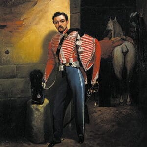 Vers 1838 : lieutenant des hussards portant, sous sa pelisse écarlate à tresses d'argent, un dolman de la même couleur, son shako à plumet vert est posé sur un chasse-roue