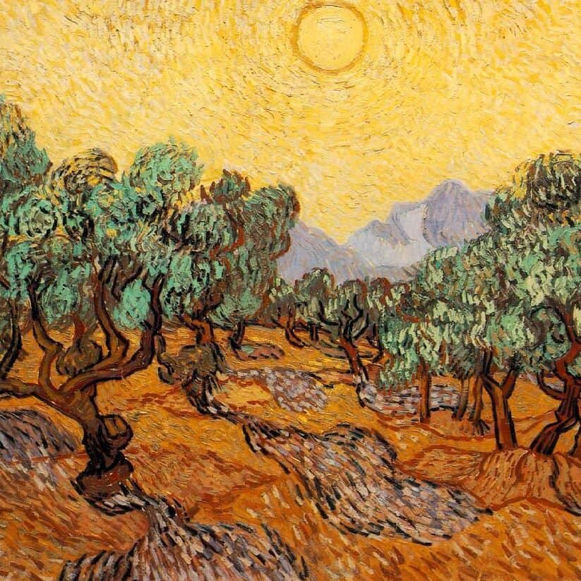 Vincent van Gogh - Oliviers avec ciel jaune et soleil (1889)