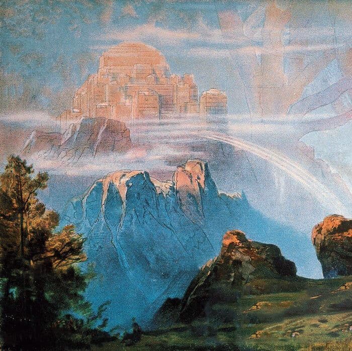 Max Bruckner - The Walhalla (1896), backdrop for the scenic design of The Ring of the Nibelungs by Richard Wagner.