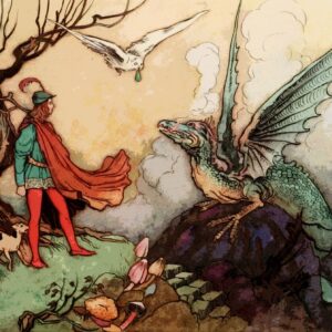 Warwick Goble - Illustration pour La belle aux cheveux d'or de Madame d'Aulnoy (1913) : Le prince et le dragon