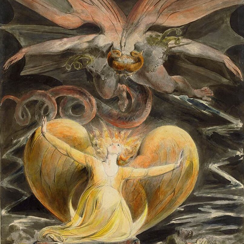 William Blake - Le Grand Dragon Rouge et la femme vêtue de soleil (The Great Red Dragon and the woman clothed in sun), entre 1805 et 1810, National Gallery of Art, Washington DC