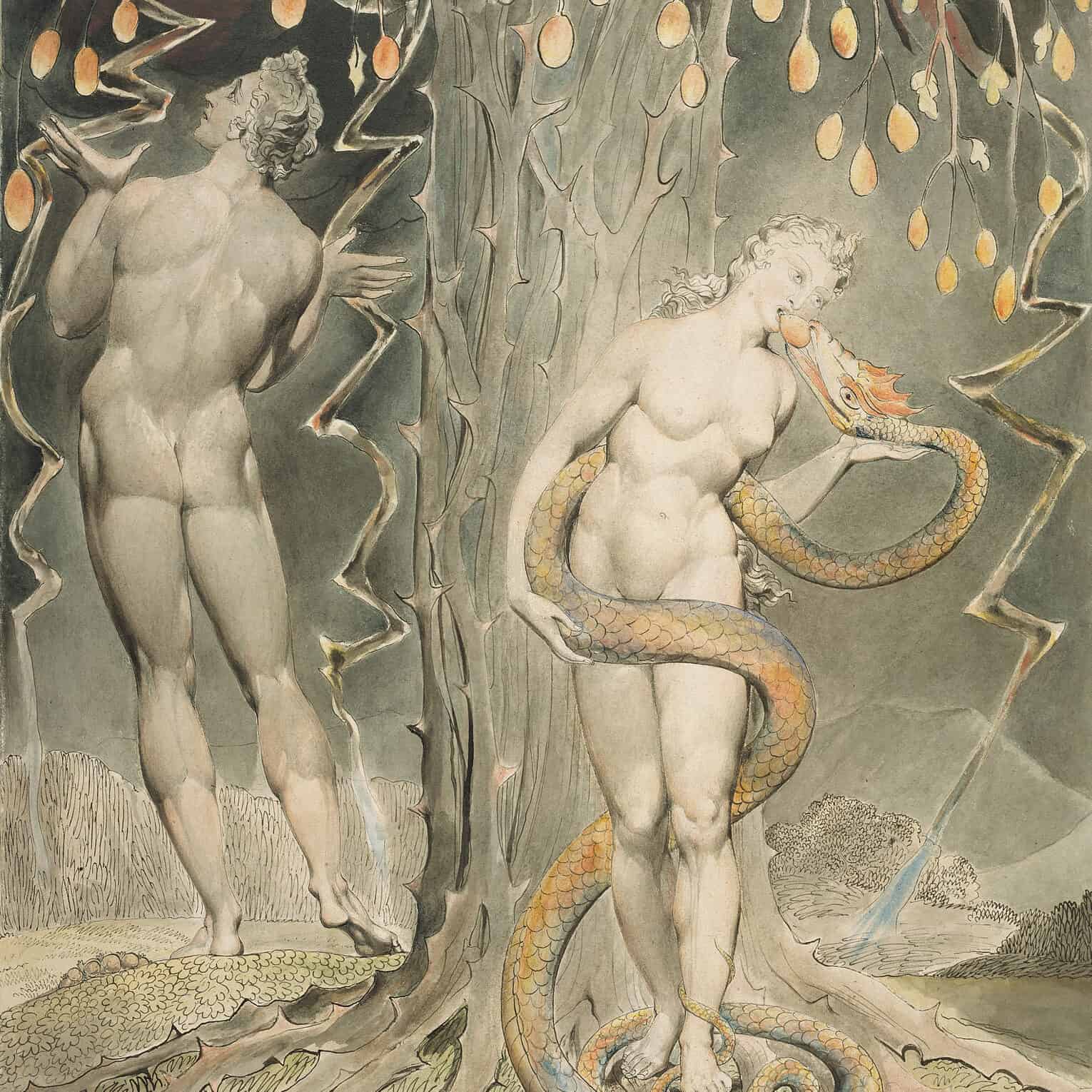 William Blake - The Temptation and Fall of Eve (1808), illustration du Paradis perdu de Milton