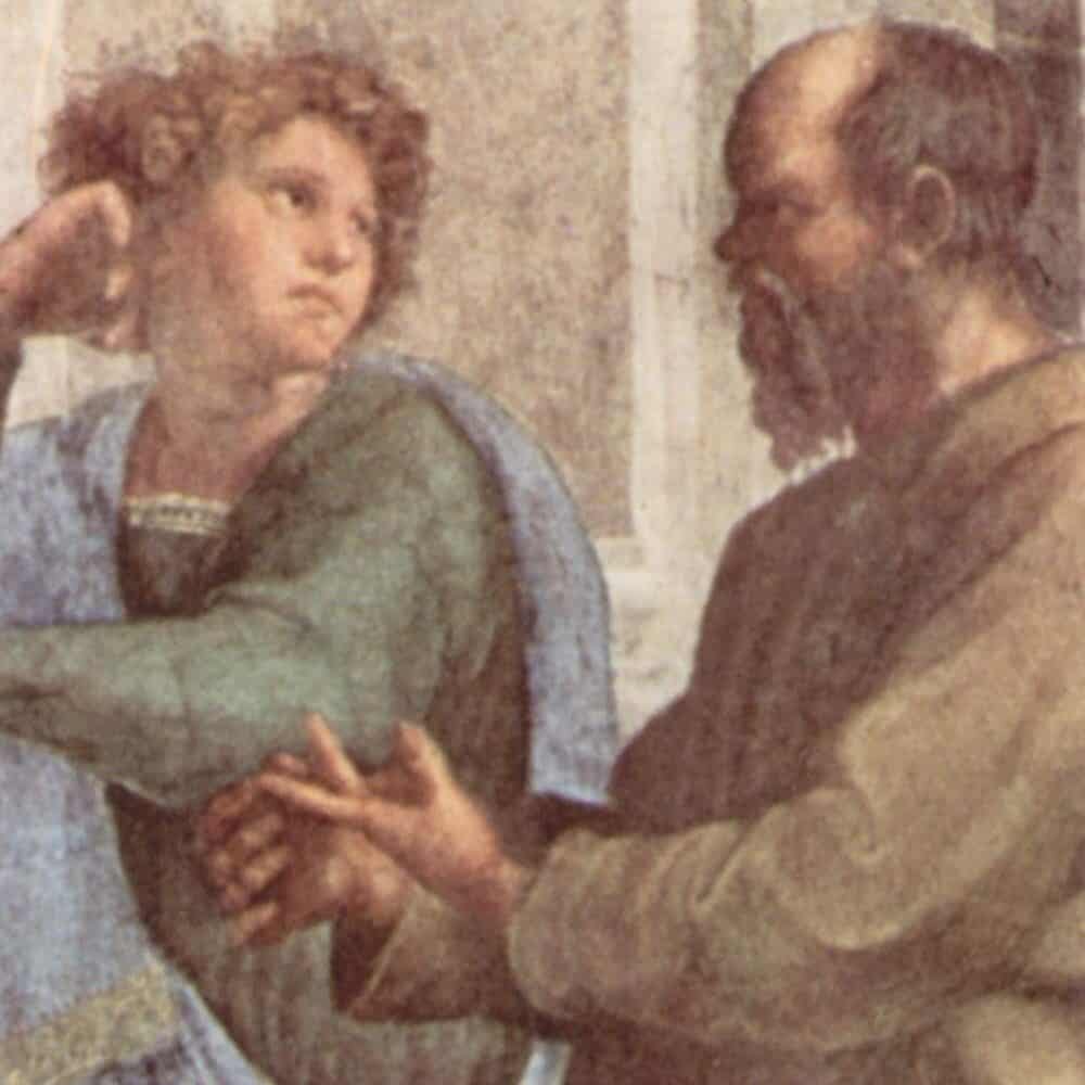 Xénophon à l'âge de 20 ans et Socrate à 60 ans - détail de L'École d'Athènes, fresque célèbre de Raphaël (située au Vatican)